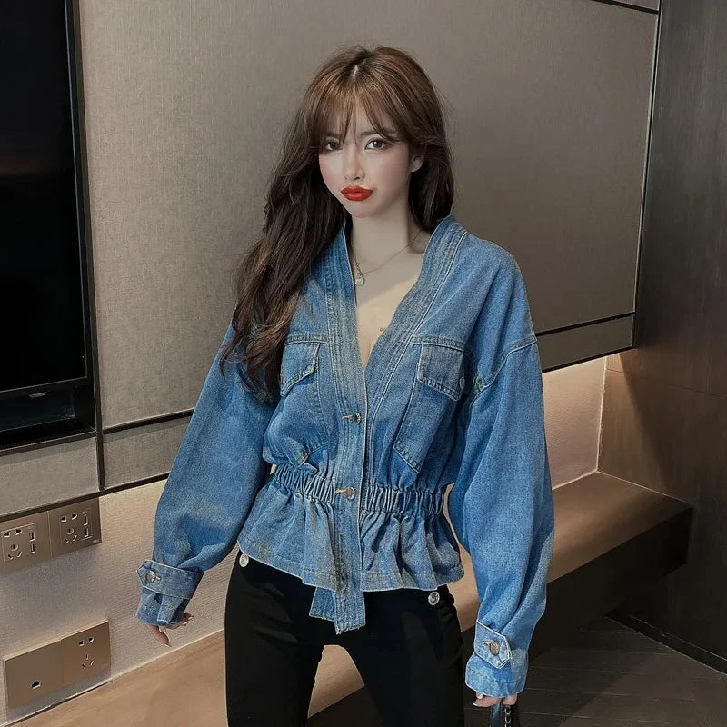 Jean Jacket V-neck Pleated Waist Slim Coat Women's Autumn Korean Fashion Personalized Irregular Shirt Loose Casual Denim Tops