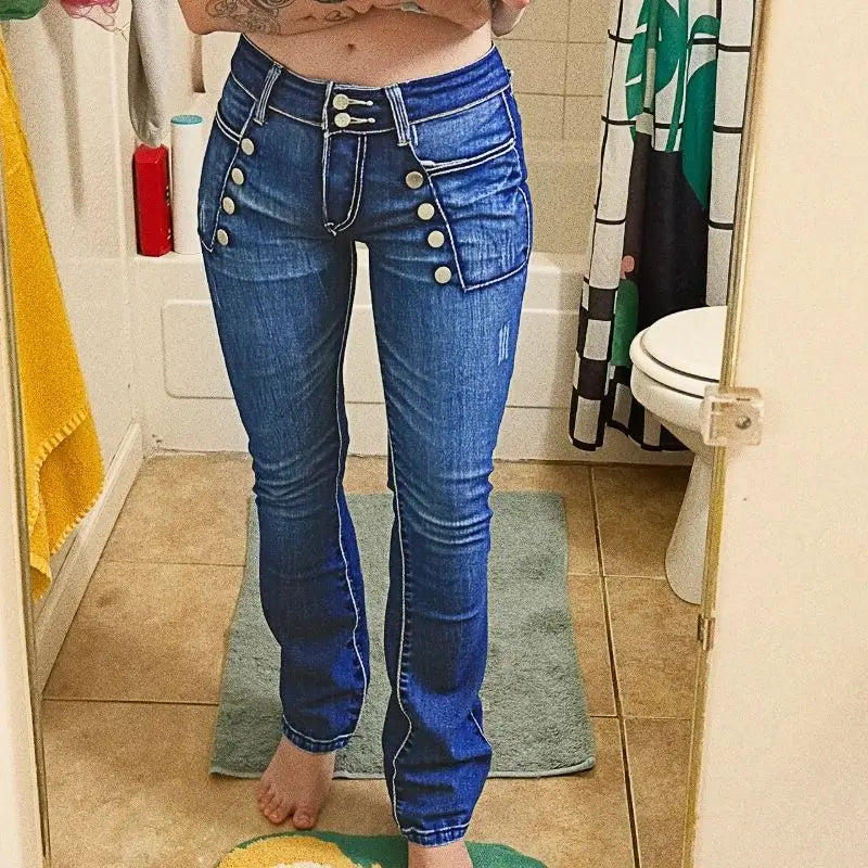 European and American women's jeans with trendy high street button design slim fit and slimming temperament micro flared pants