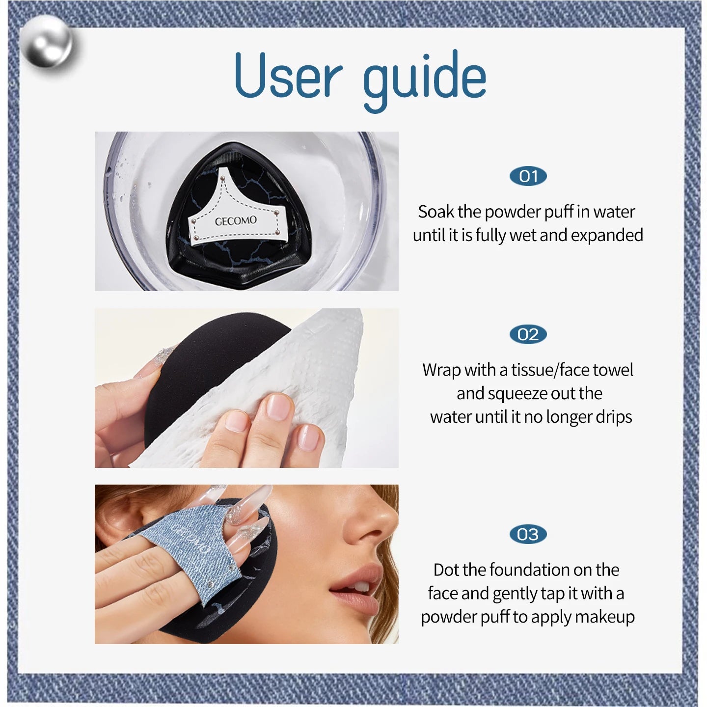 2PCS Denim Makeup Powder Puff Set Soft Skin-Friendly Dry & Wet Dual-Use Sponge Cushion For Liquid Foundation