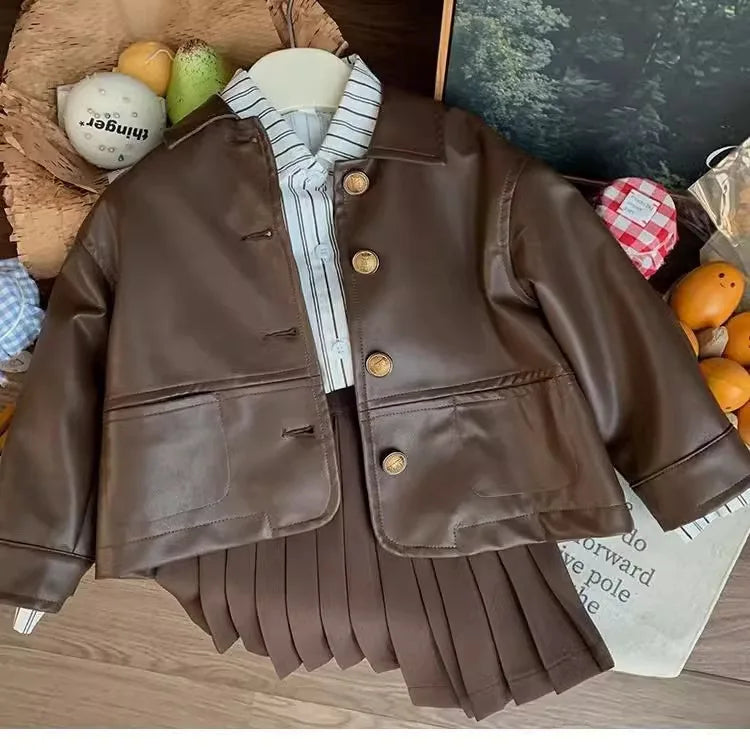 Childrens Suit Spring and Autumn New Korean Girls Fashion Leather Coat Striped Shirt Solid Color Pleated Skirt Three Piece Set