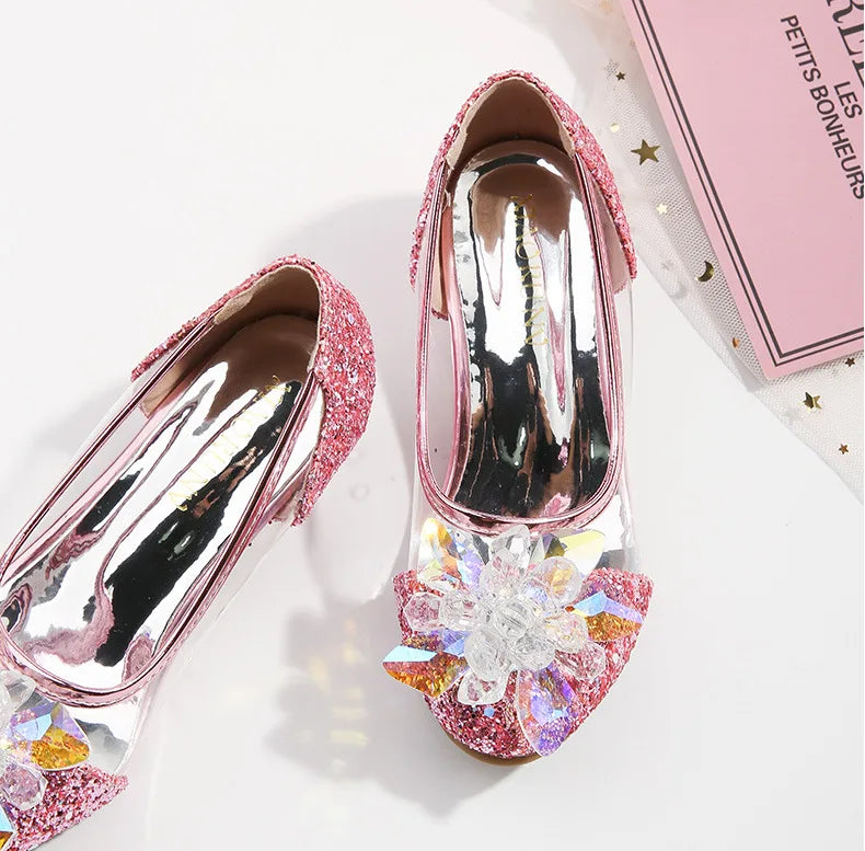Pink Blue Princess Dance Shoes for Girls Low Heels for Kids Birthday Party Glitter Crystal Diamond Shoe Child Gown Leather Shoes