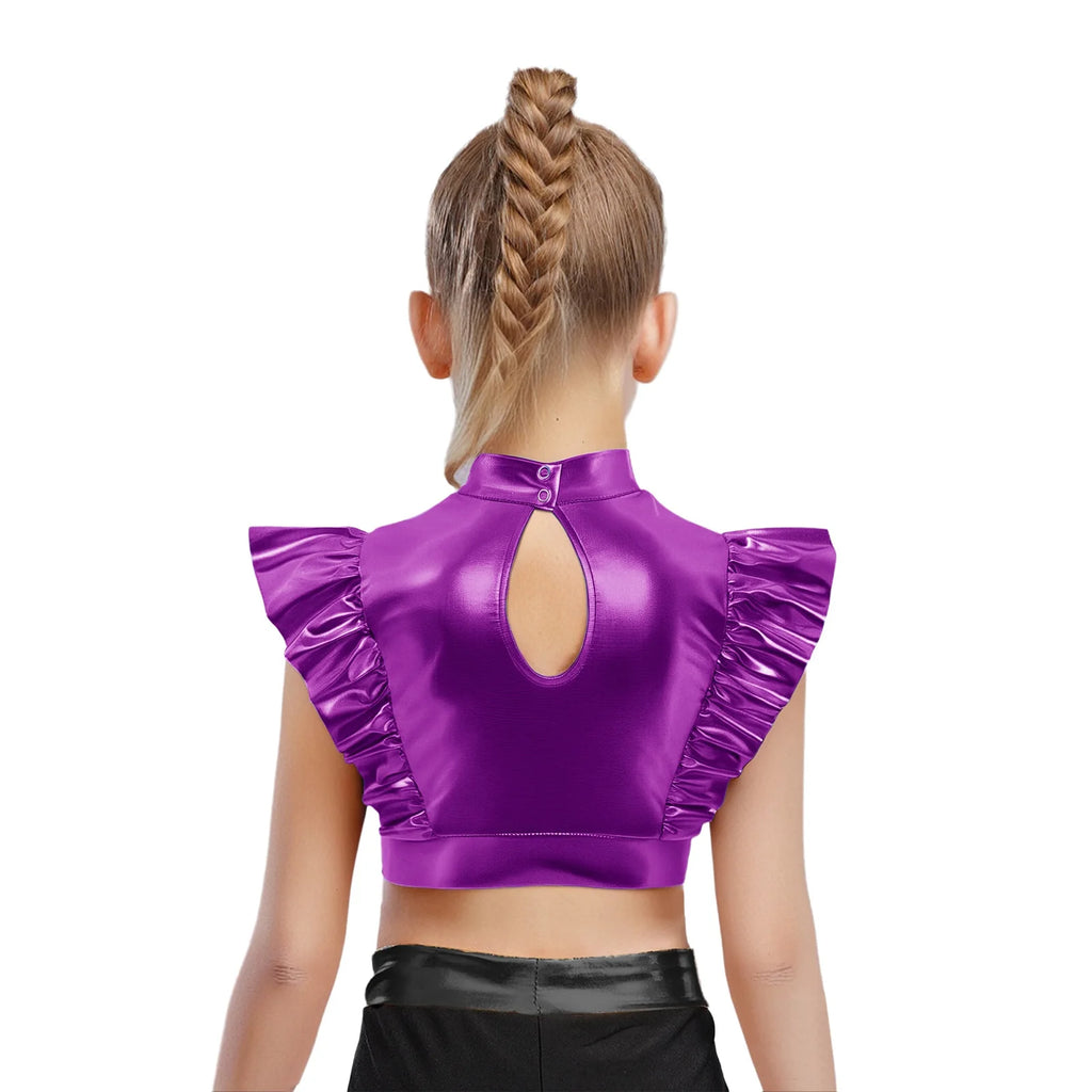 Kid Girls Hip Hop Dance Clothes Kids Jersey Sequin Tiered Skirt Long Tank Top Jazz Metallic Holographic Crop To Cheerleading Set