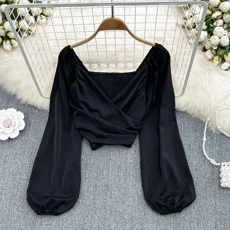 Beiyingni 2022 Spring Summer V-neck Blusas Women Plain Sexy Elastic Long Puff Sleeve Blouses Ladies Chic Ruched Crop Tops Female