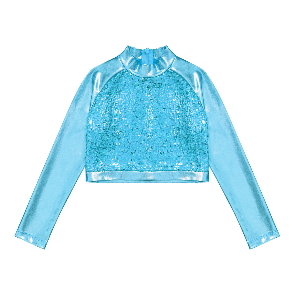 Kids Girls Shiny Metallic Crop Top Mock Neck Long Sleeve Front Sequin Fully Lined Athletic T-Shirts Jazz Hip-hop Dance Tops