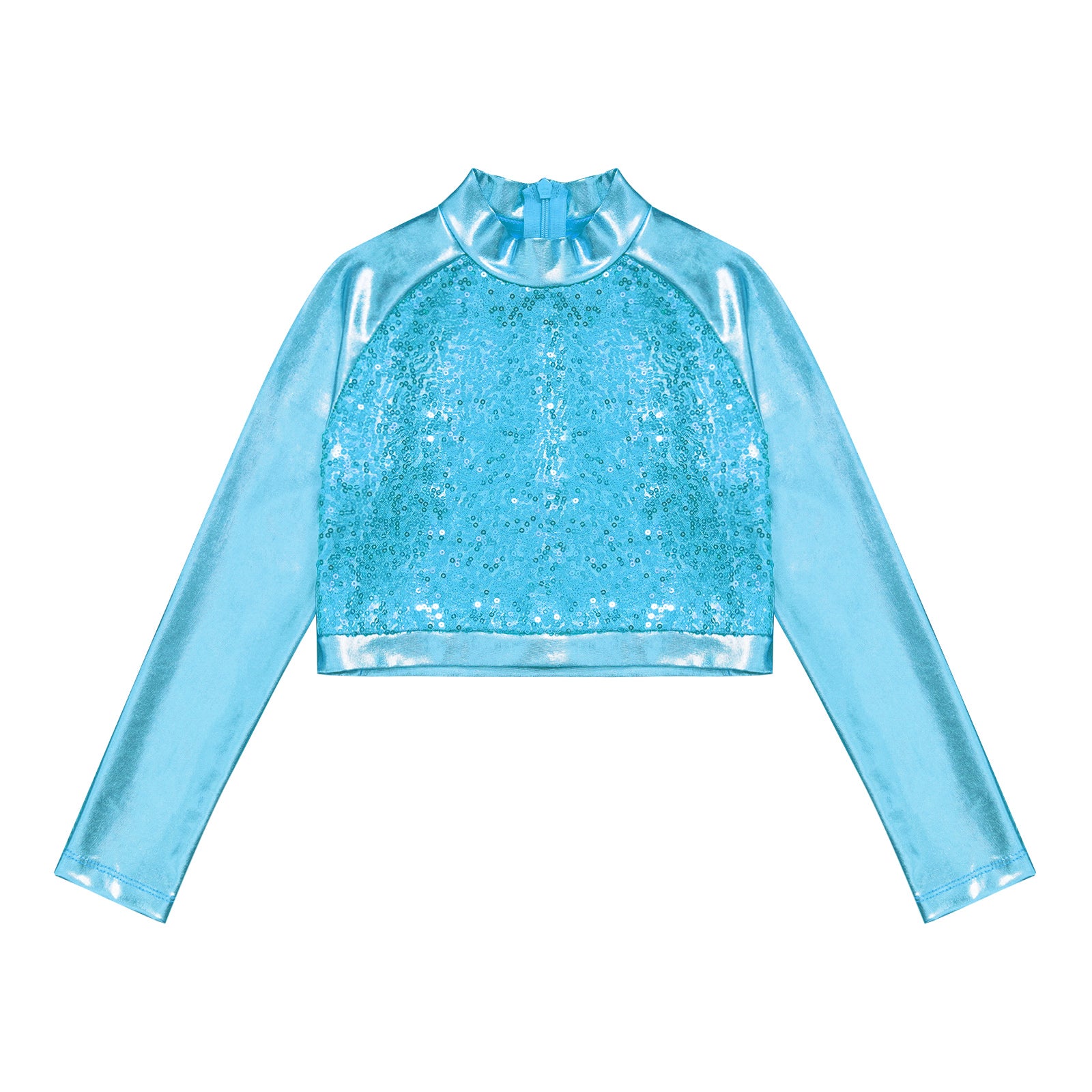 Kids Girls Shiny Metallic Crop Top Mock Neck Long Sleeve Front Sequin Fully Lined Athletic T-Shirts Jazz Hip-hop Dance Tops