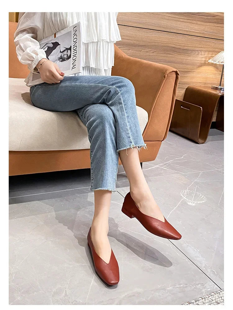 Genuine Leather Multi-color Low-heeled women's Shoes  Round Toe Flat Bottom Shallow Cut Single Shoe Casual Versatile Loafers