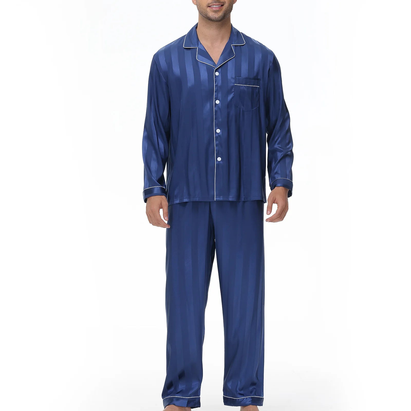 Men Pajamas Sleepwear 2PCS Set Navy Blue Stripes Long Sleeve Trouser Suits Home Clothes Male Loose Silk Satin Pijamas Loungewear