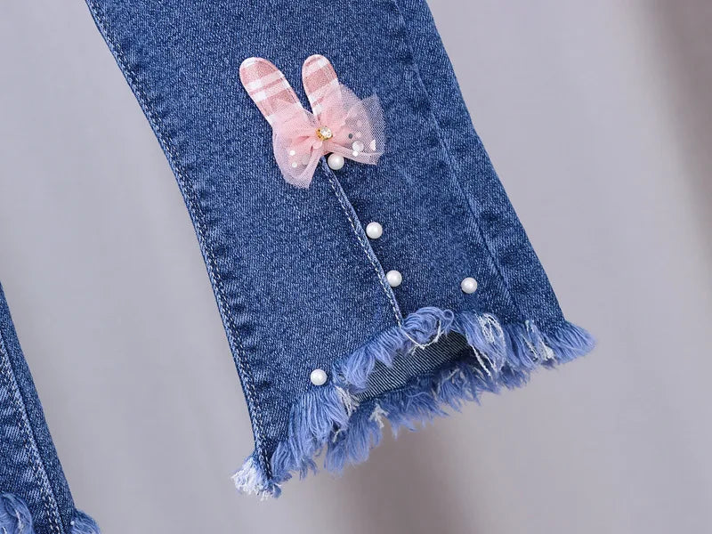 Jeans for Kids Girls Trousers Spring Autumn 2023 New Bow Bell-bottomed Stretch Princess pants for children Girl Denim Pants