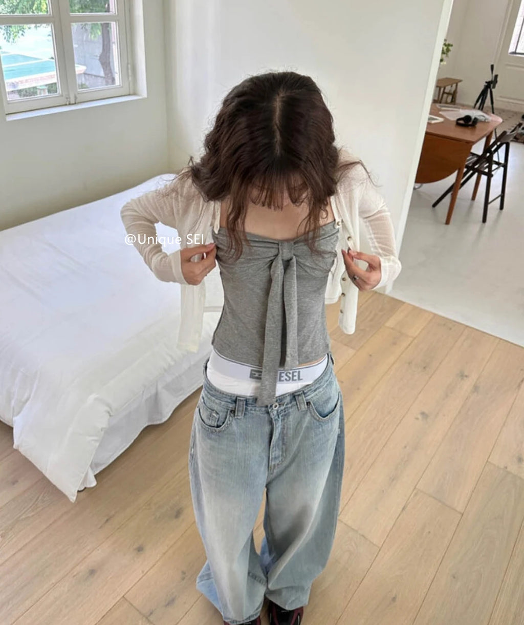 Summer Spicy Girl  Knot Tie Neck Vest Top Washed Denim Blue Women's Fashion Straight Cut Outerwear Short Length