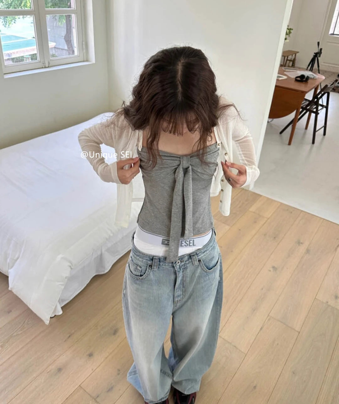 Summer Spicy Girl  Knot Tie Neck Vest Top Washed Denim Blue Women's Fashion Straight Cut Outerwear Short Length
