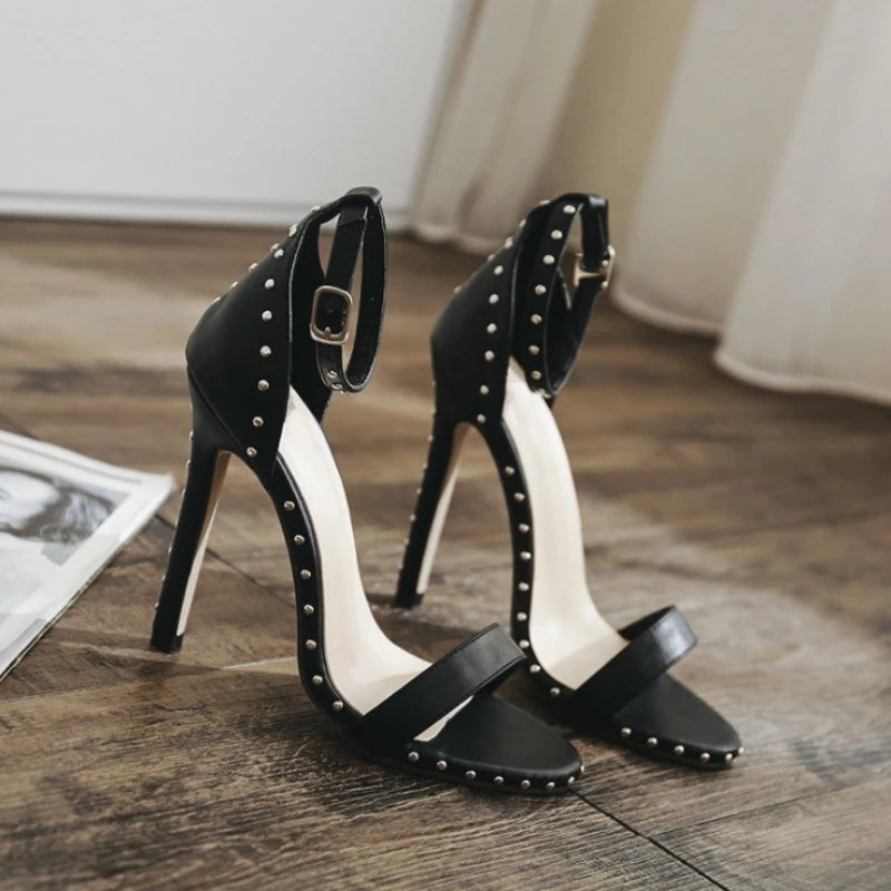 Women Sandals High Heels 2025 Summer Thin Heel PU Leather Rivet Peep Toe Sexy Party Shoes Sandalia Feminina Zapatos Mujer