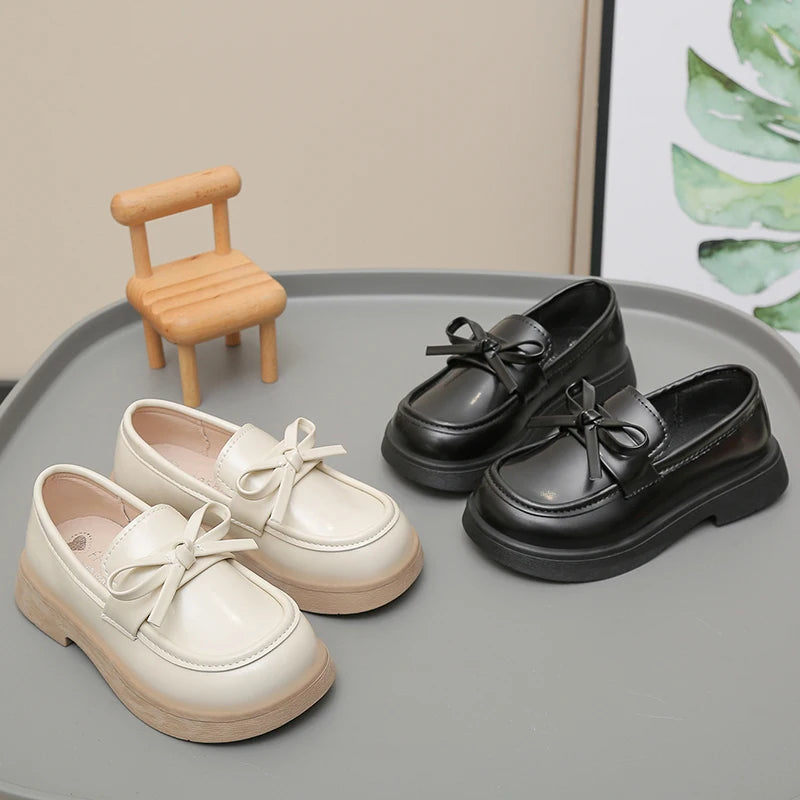 Girls Leather Shoes for Students School Uniform Shoes Black Matte 2025 New Fashion Children Flat Shoes Simple Bows Soft Sole