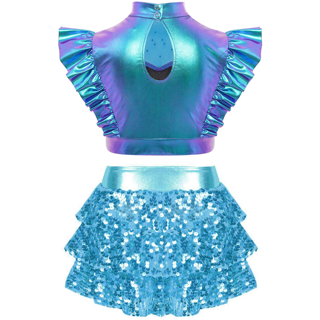 Kid Girls Hip Hop Dance Clothes Kids Jersey Sequin Tiered Skirt Long Tank Top Jazz Metallic Holographic Crop To Cheerleading Set