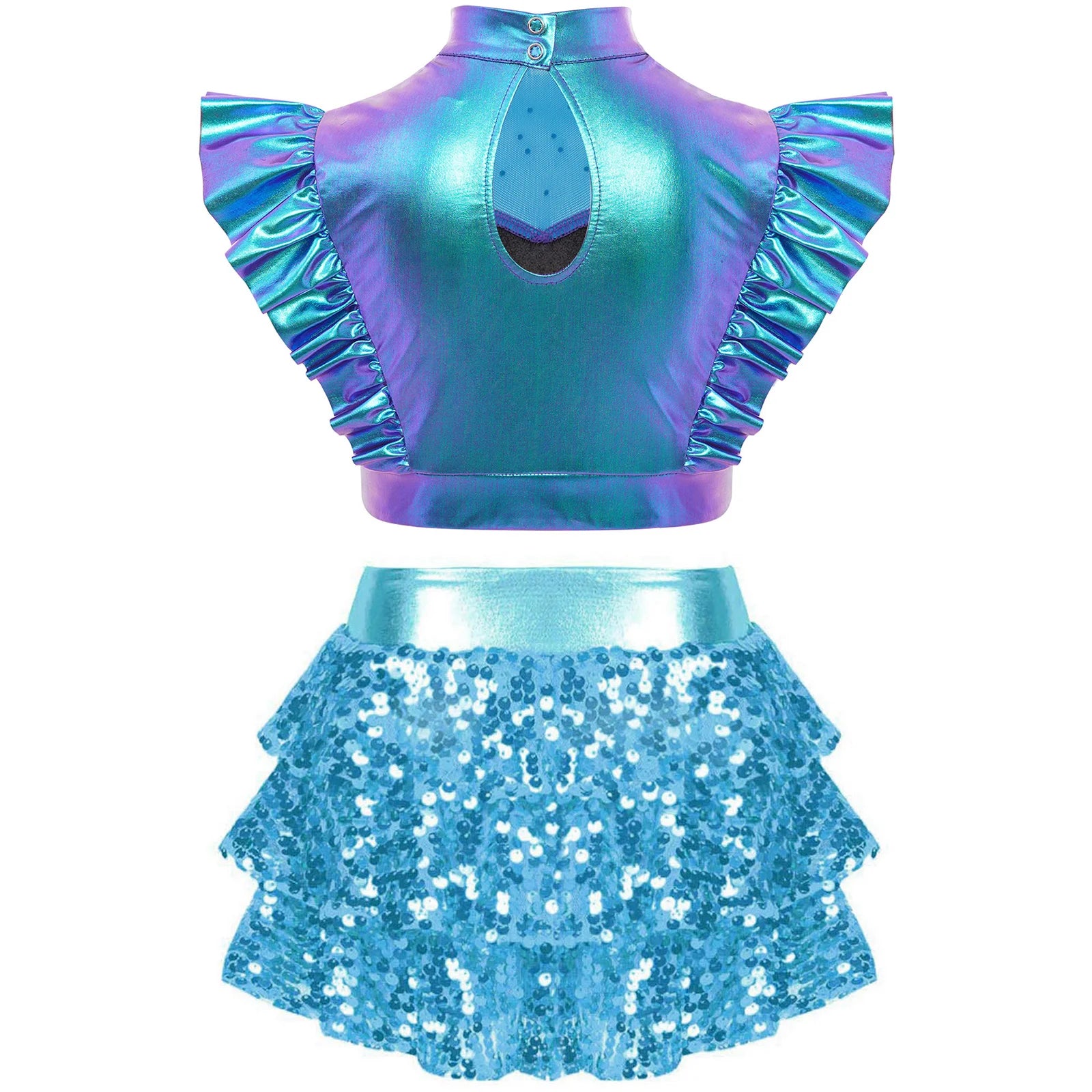 Kid Girls Hip Hop Dance Clothes Kids Jersey Sequin Tiered Skirt Long Tank Top Jazz Metallic Holographic Crop To Cheerleading Set