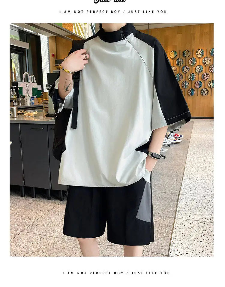 【T-Shirt + 5-Point Shorts】Men's T-Shirt Set Summer Fashion Nylon Blend Diagonal Neck Streetwear Sports Leisure Two-Piece Suit