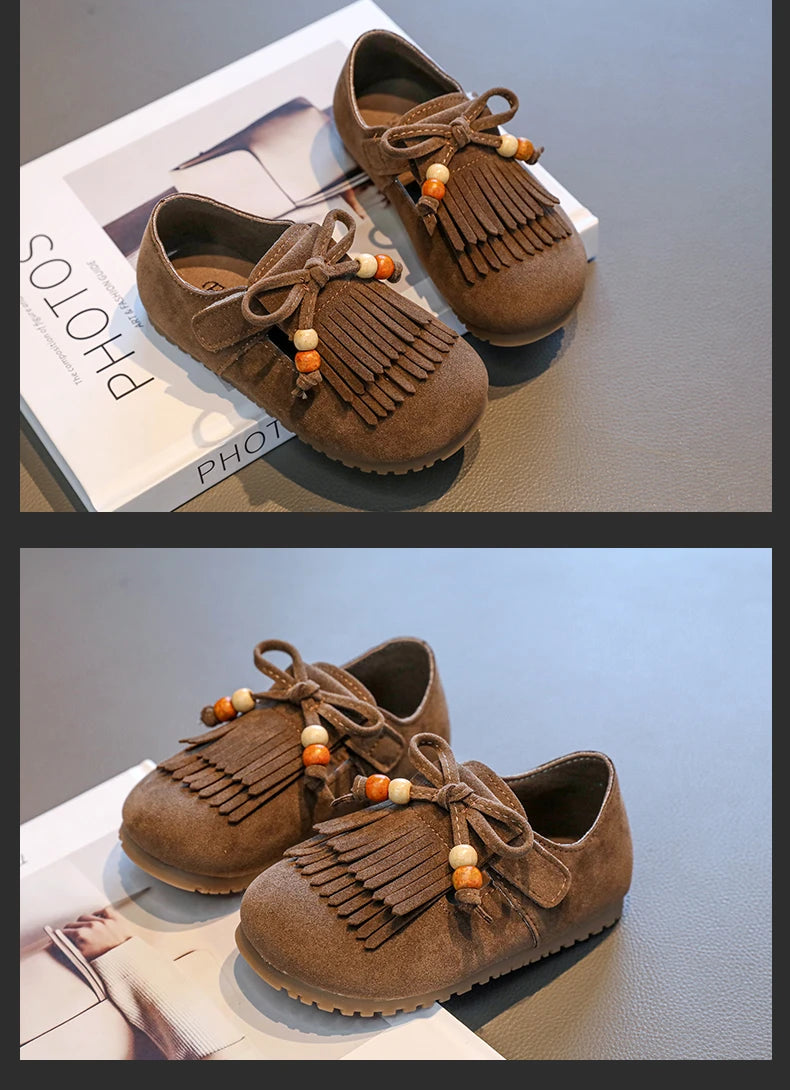 Girls' All-inclusive fringed Boken shoes 2025 Autumn Edition Soft-soled little girl princess Shoes Children's Bean single shoes