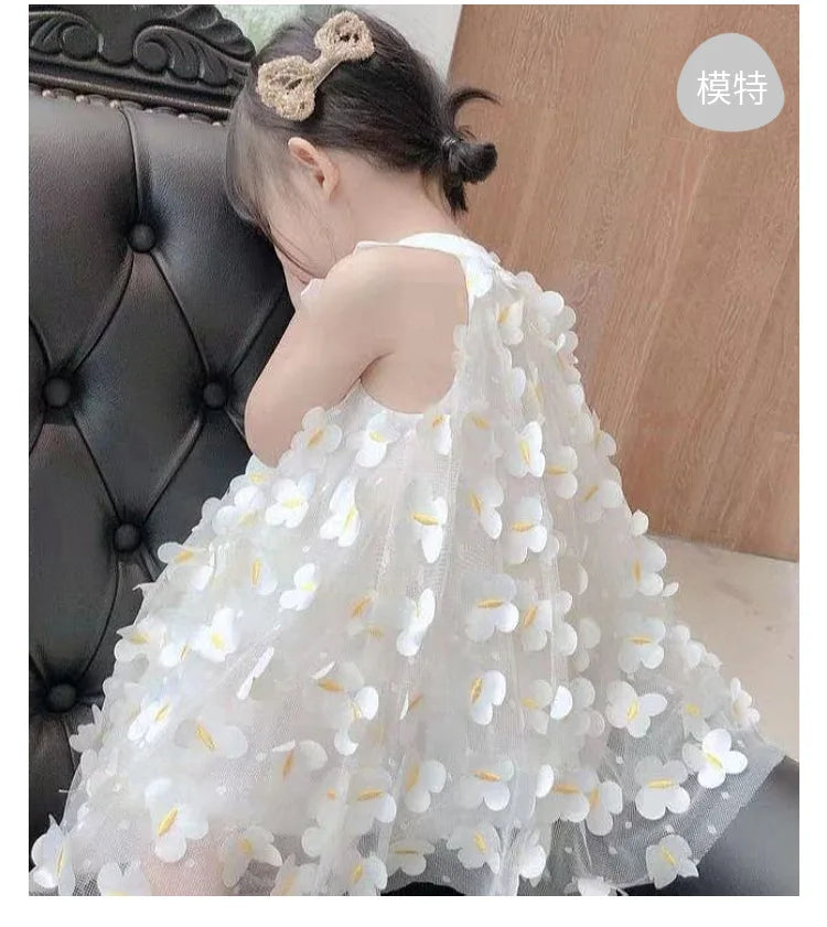 Summer Toddler Dresses Cute Flower Princess Dress Female Baby Butterfly Appliques Dress Children Mesh Bow Kids White Costume