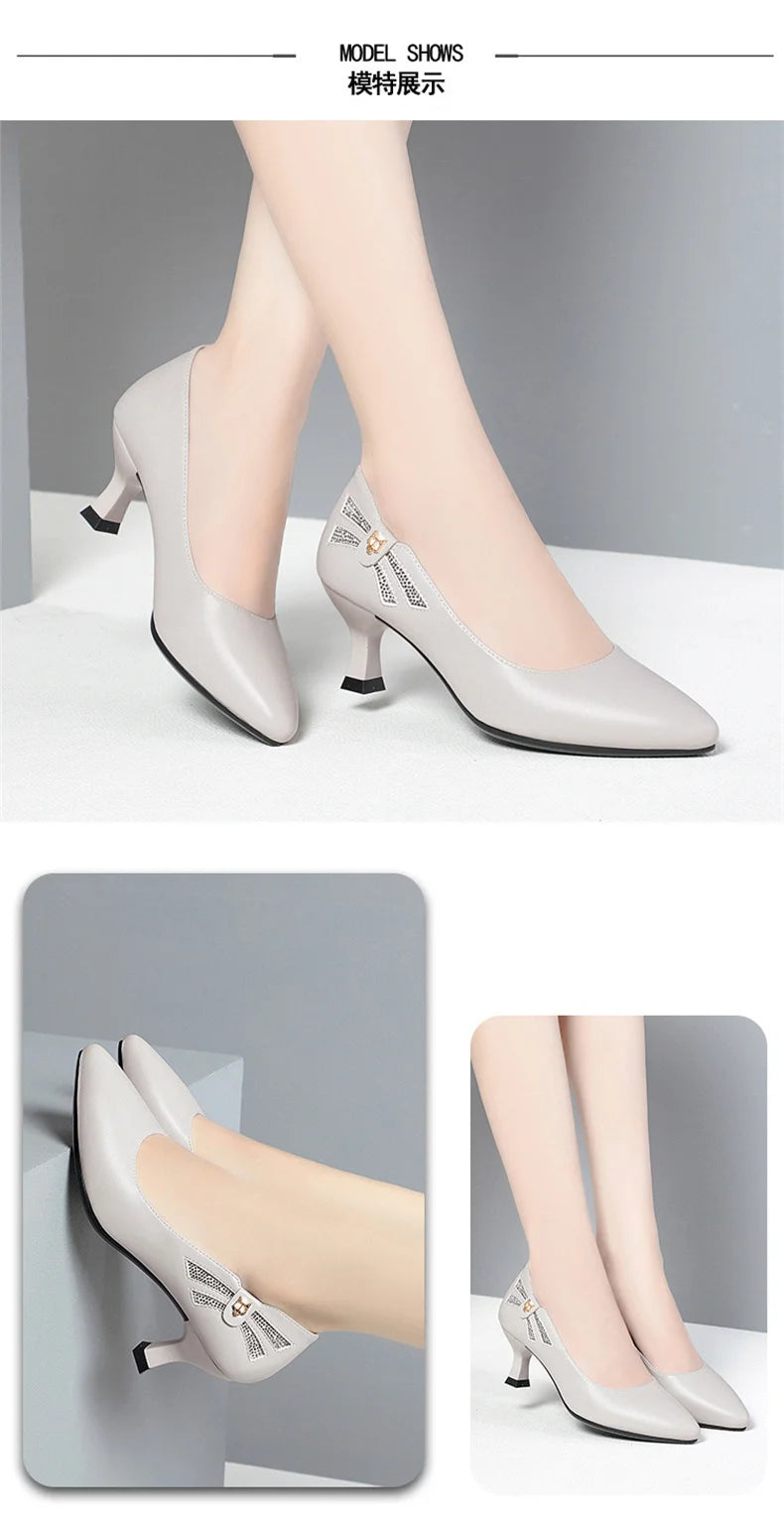 Genuine Leather Women's Shoes 2023 Spring New Single Leather Shoes Work Shoes Mid-high Heel All-match Ladies Women's Shoes