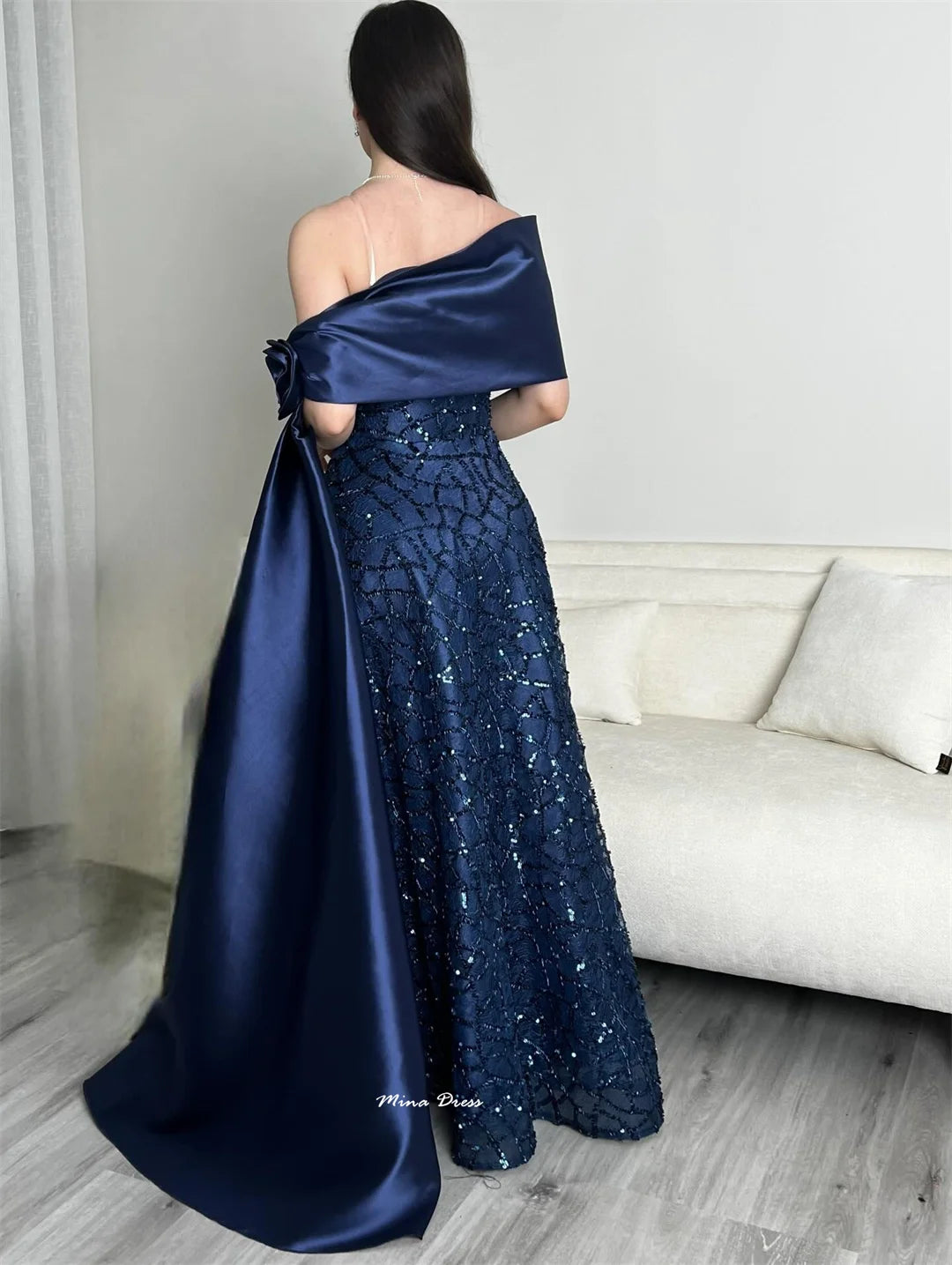 Mina Customized Navy Blue Luxurious Women's Evening Dresses for Formal Occasions Beads Flowers Sequins. Elegant Party Dress Prom