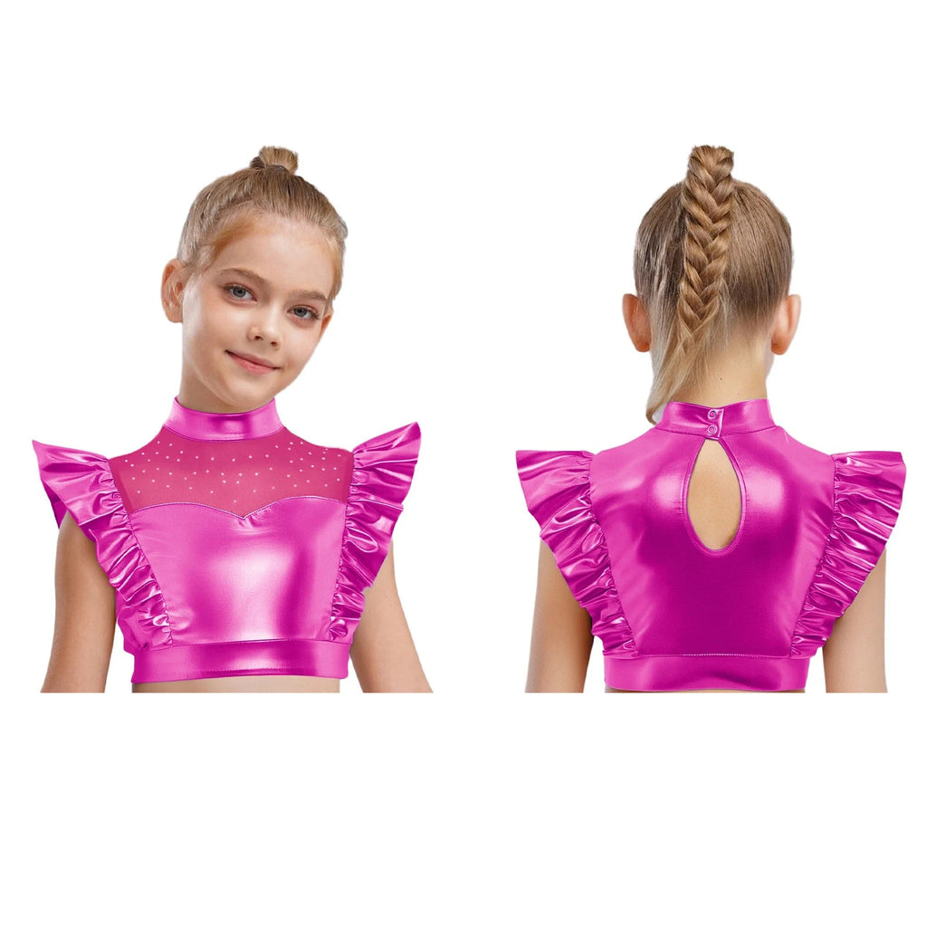 Kids Girls Metallic Shirts Party Disco Jazz Dance Tops Mock Neck Mesh Splice Shiny Rhinestone Sleeveless Ruffle Tank Crop Tops
