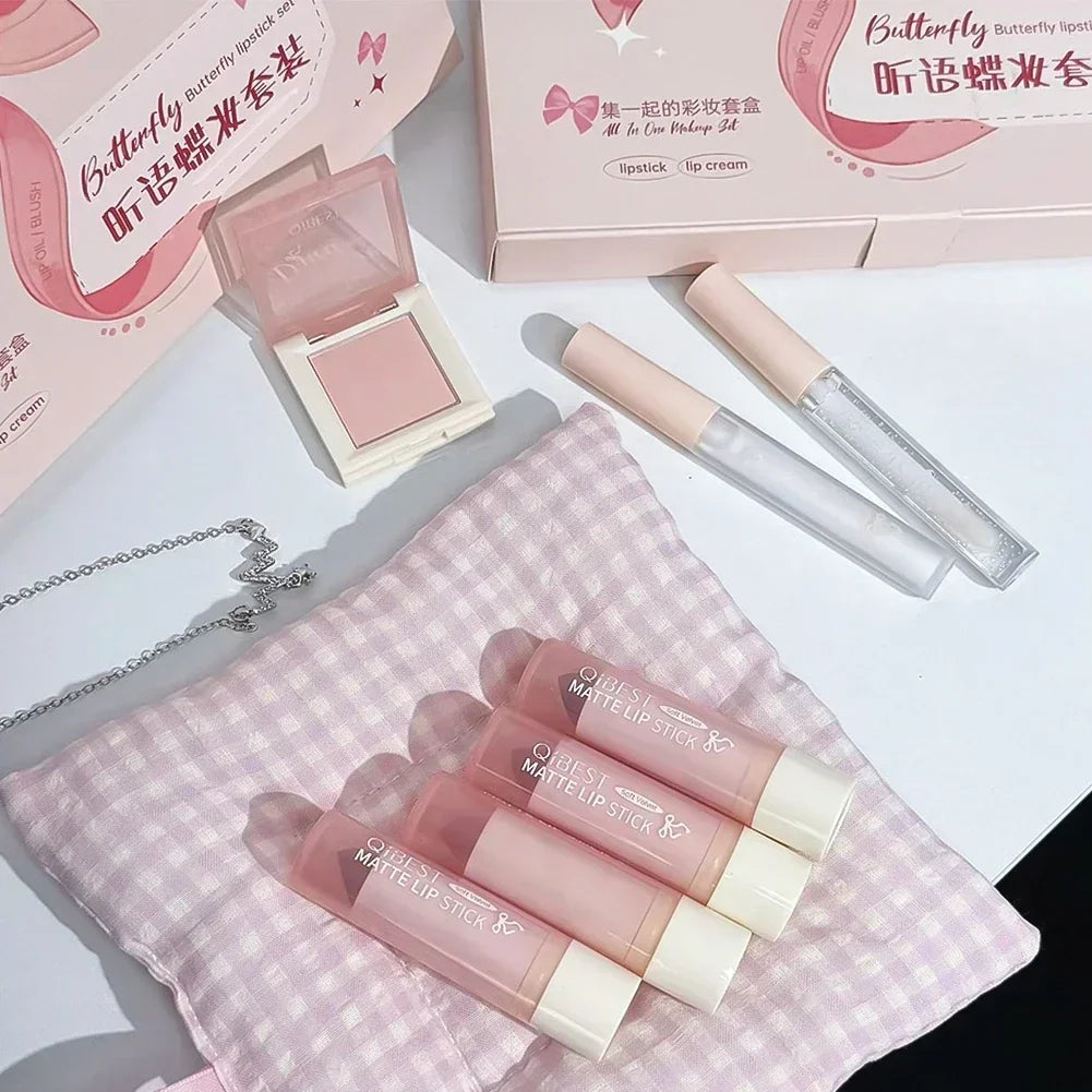 8Pcs Makeup Set Include 4pcs Velvet Nude Matte Liquid Lipstick And 1pc Face Blush Palette With Necklace Gift Cosmetics