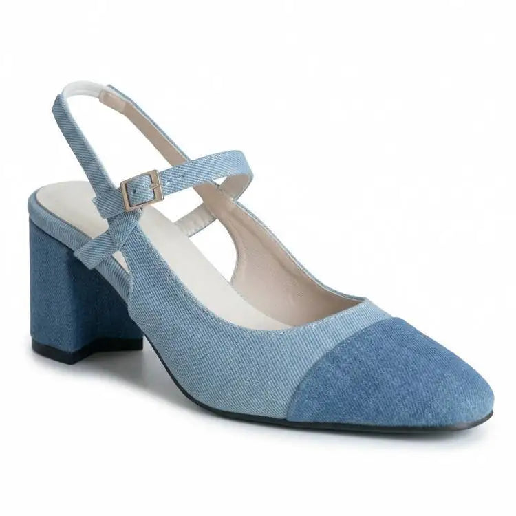 Mary Jane Colorful Leather Single Shoes Female Round Toe Back Empty Buckle Strap Women’s Sandals 7cm Chunky High Heels Office DE