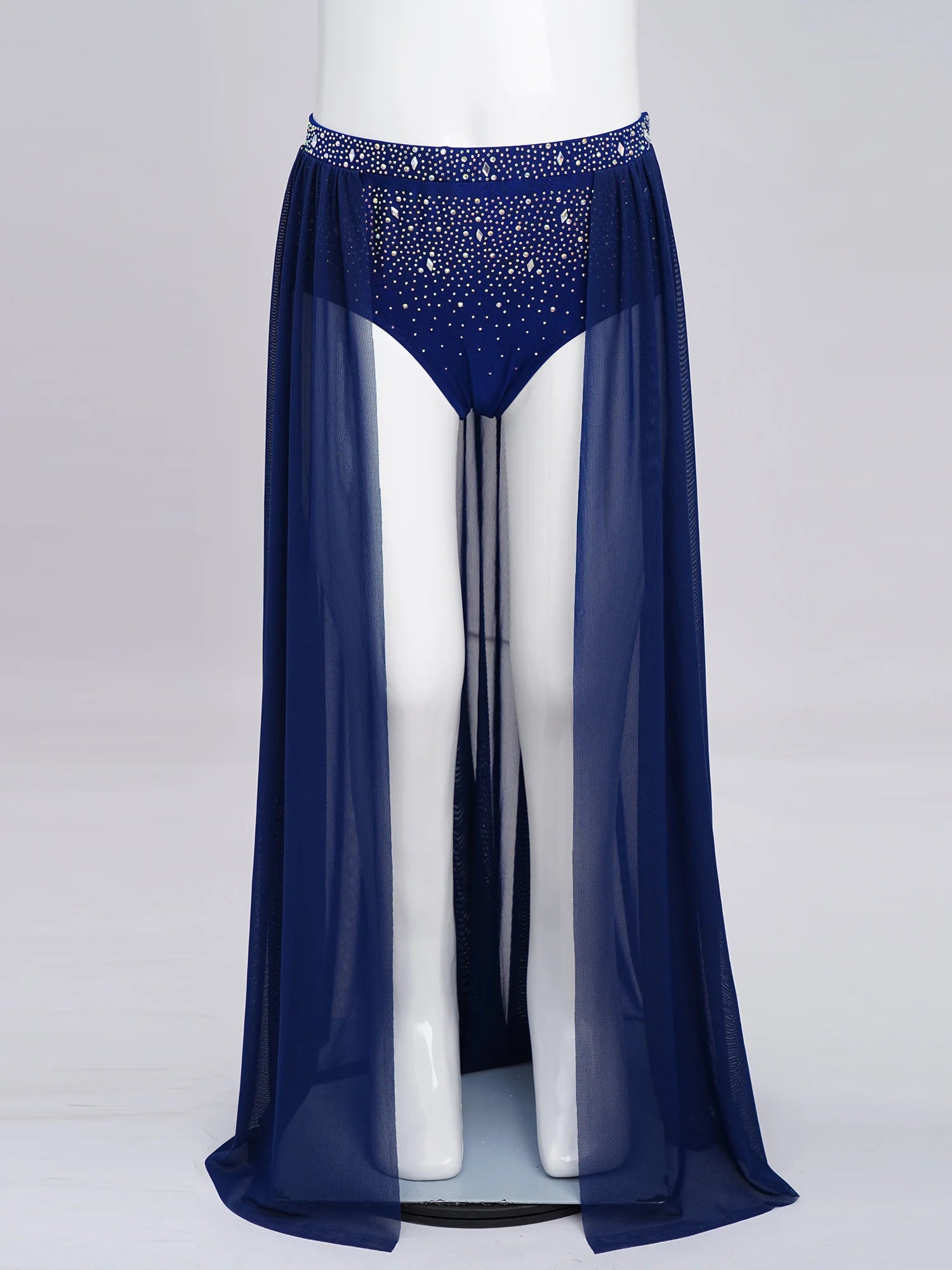 Kids Girls Lyrical Modern Dance Skirt Shiny Rhinestones Open Front Flowy Sheer Mesh Skirt with Built-in Briefs Ballet Dresses