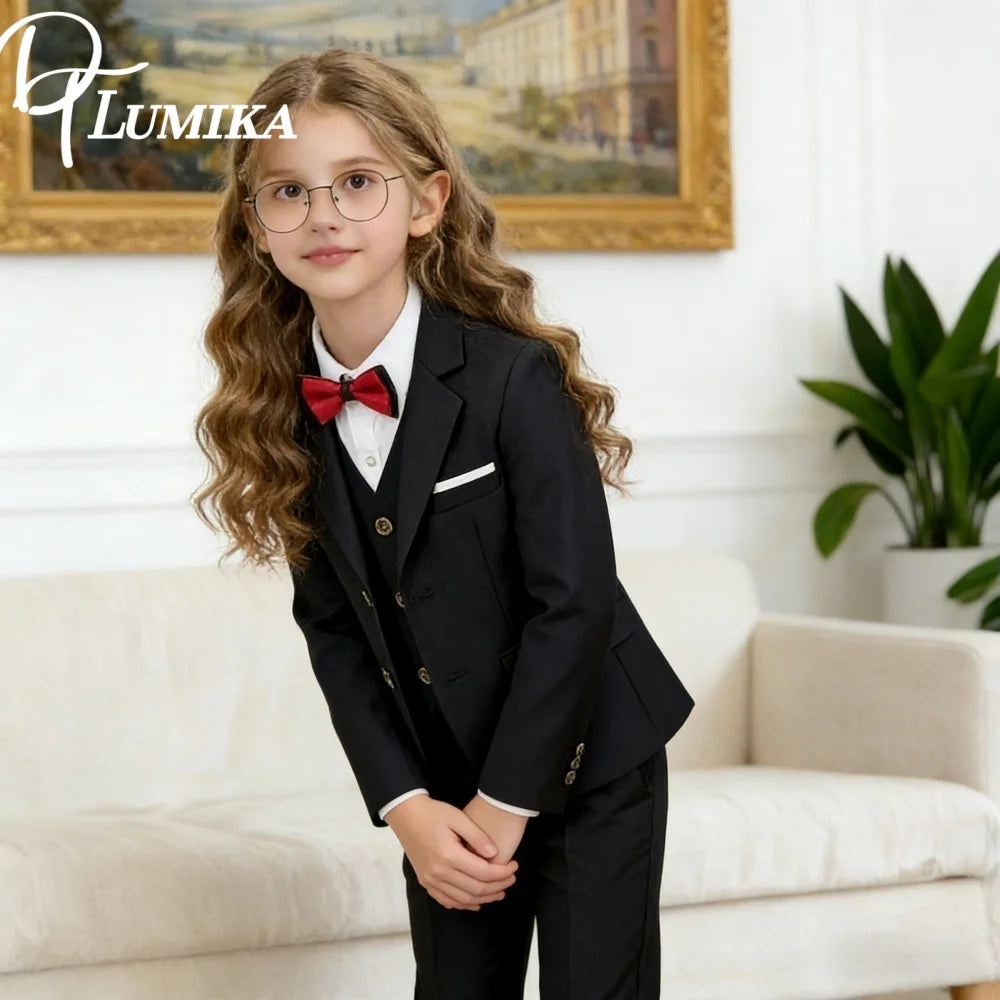 Girls Black 4 Piece Slim Fit Suit Set Jacket Vest Pants Bowtie Classic Elegant Formal Wear For Wedding Performance Prom Ages 2