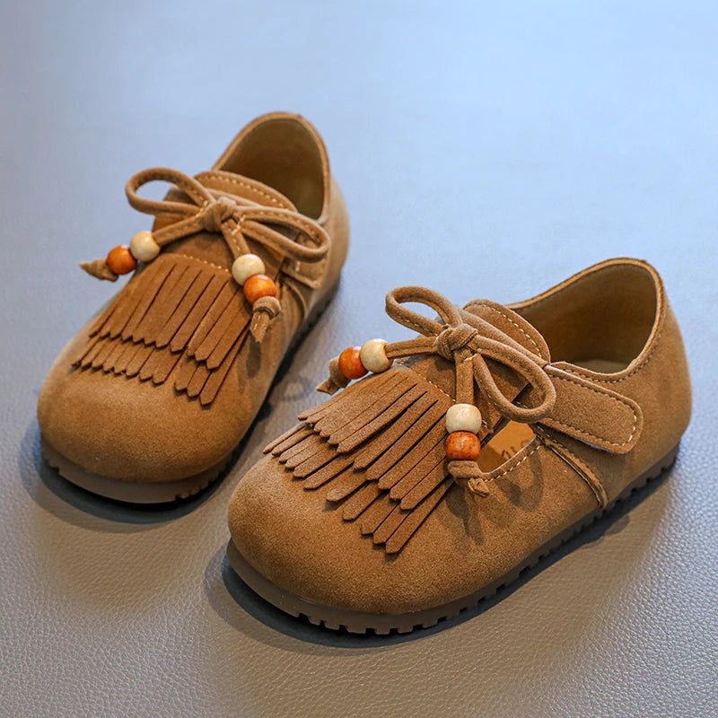 Girls' All-inclusive fringed Boken shoes 2025 Autumn Edition Soft-soled little girl princess Shoes Children's Bean single shoes