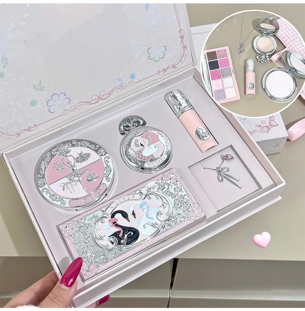 NICEKEY Pink Ballet Makeup Box Include 1*Lip mud,1*Pressed Powder,1*Highlight Powder,1*Eyeshadow Palette Powder With Necklace