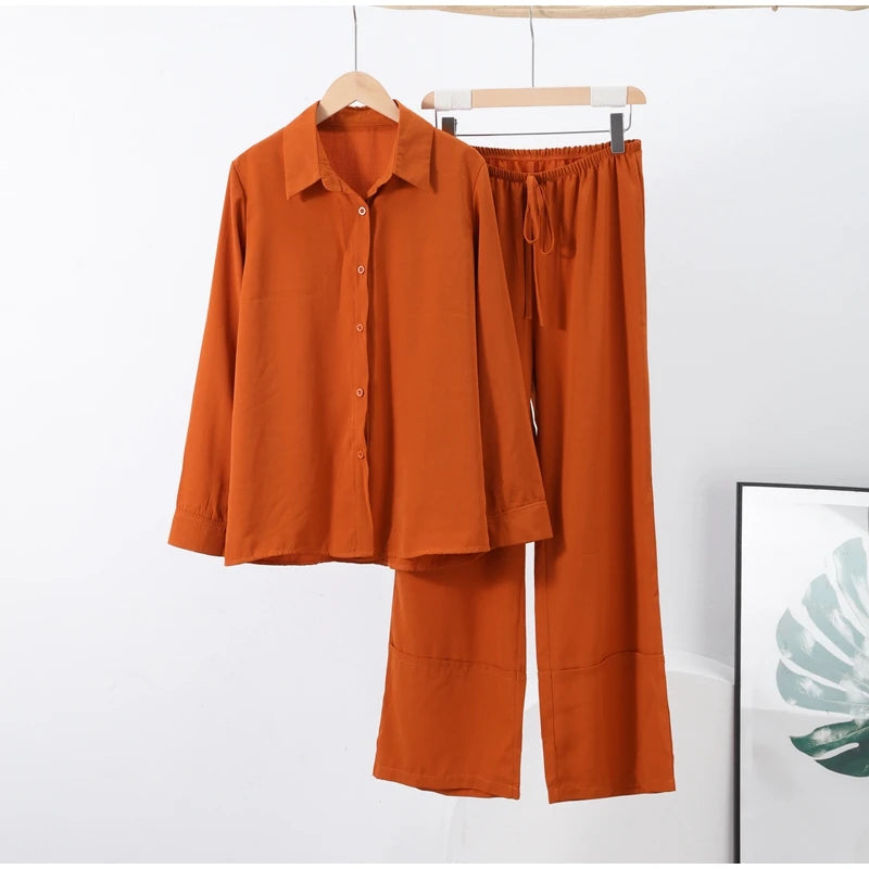 Shirt Trousers 2 Pieces Set For Women Solid Turn Down Collar Long Sleeves Single Breasted Top Lace Up Pants 2025 Ladies Outfits