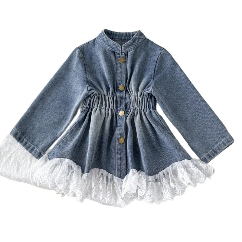 Girls' Denim Jacket 2025 Autumn Korean Version New Girls' Lace Patchwork Long Jacket