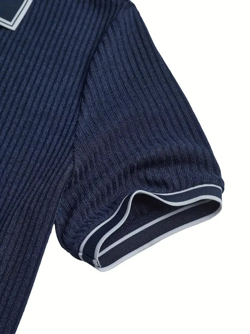 Men Ribbed Knit Polo Shirt Short Sleeve Turn Down Collar Contrast Trim Button Placket Slim Fit Casual Top