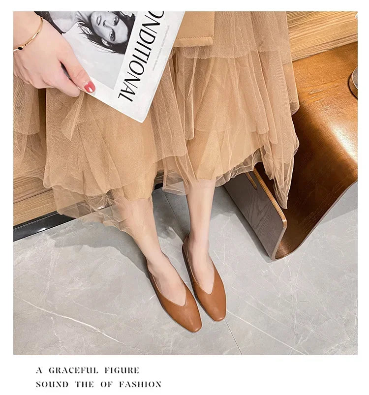 Genuine Leather Multi-color Low-heeled women's Shoes  Round Toe Flat Bottom Shallow Cut Single Shoe Casual Versatile Loafers