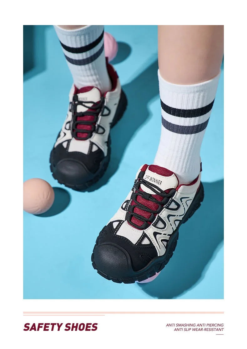 Women's safety shoes with steel toe caps, anti smashing and anti puncture rotating buttons, no tie up, hot selling shoes