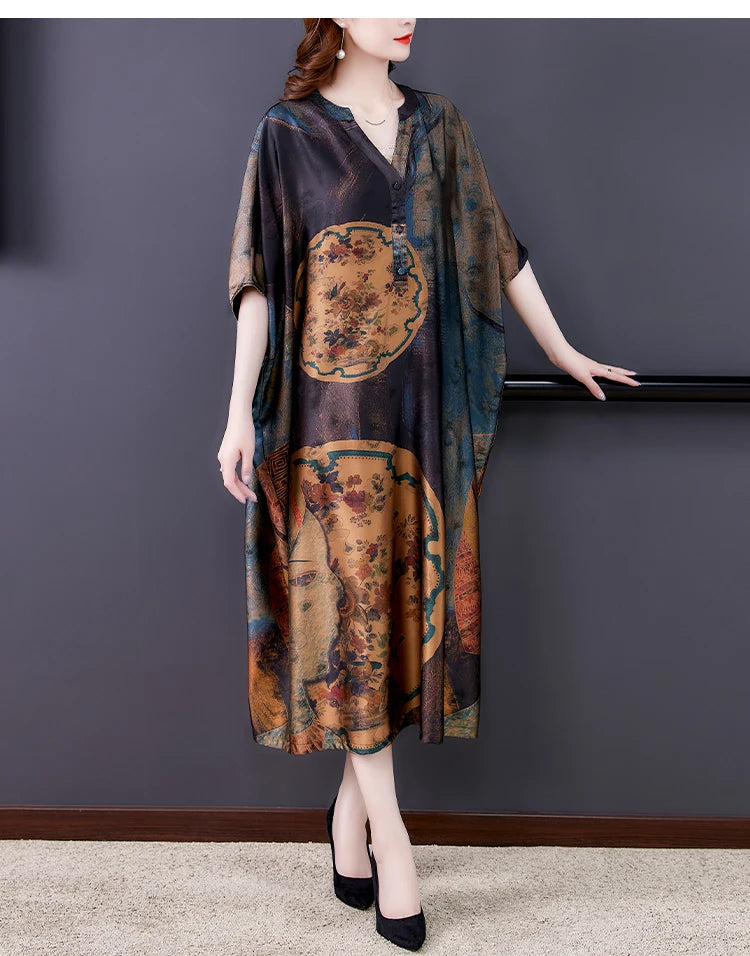 Mulberry Silk Dresses Women's New Summer Long Dress Female Fashion Loose V- Neck High-End Print Pullover Dresses