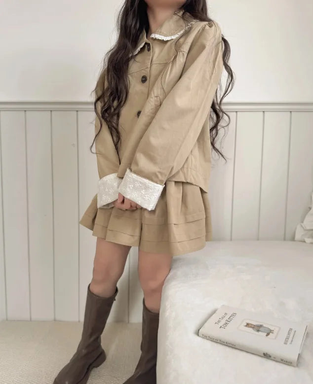 2025 Japanese Girls' Spring and Autumn Cotton Casual Ruffle Collar Jacket, Half Skirt, Children's Forest Two-piece Set