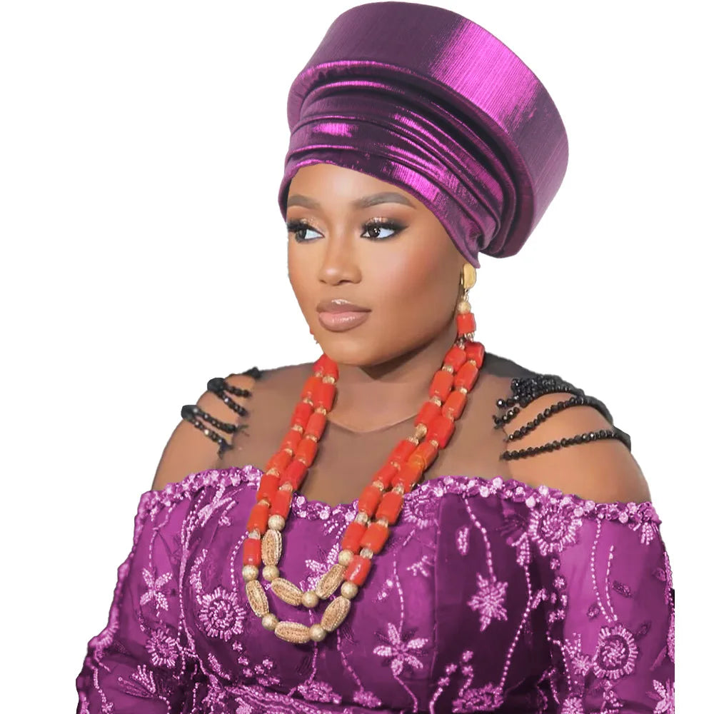 Already Made African Headtie Turban Cap Nigeria Party Headgear Female Head Wraps Pleated Auto Gele Cap Headpiece 2025