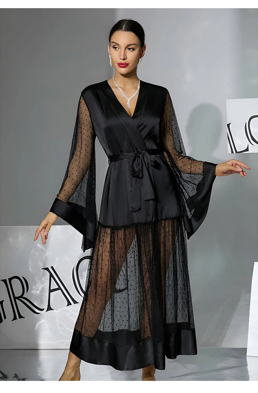 Summer Women Sexy Mesh Maxi Dress V-Neck Belted Polka Dot Sheer Robe Flare Sleeve Party Wedding Nightgown Beach Cover Up Vestido
