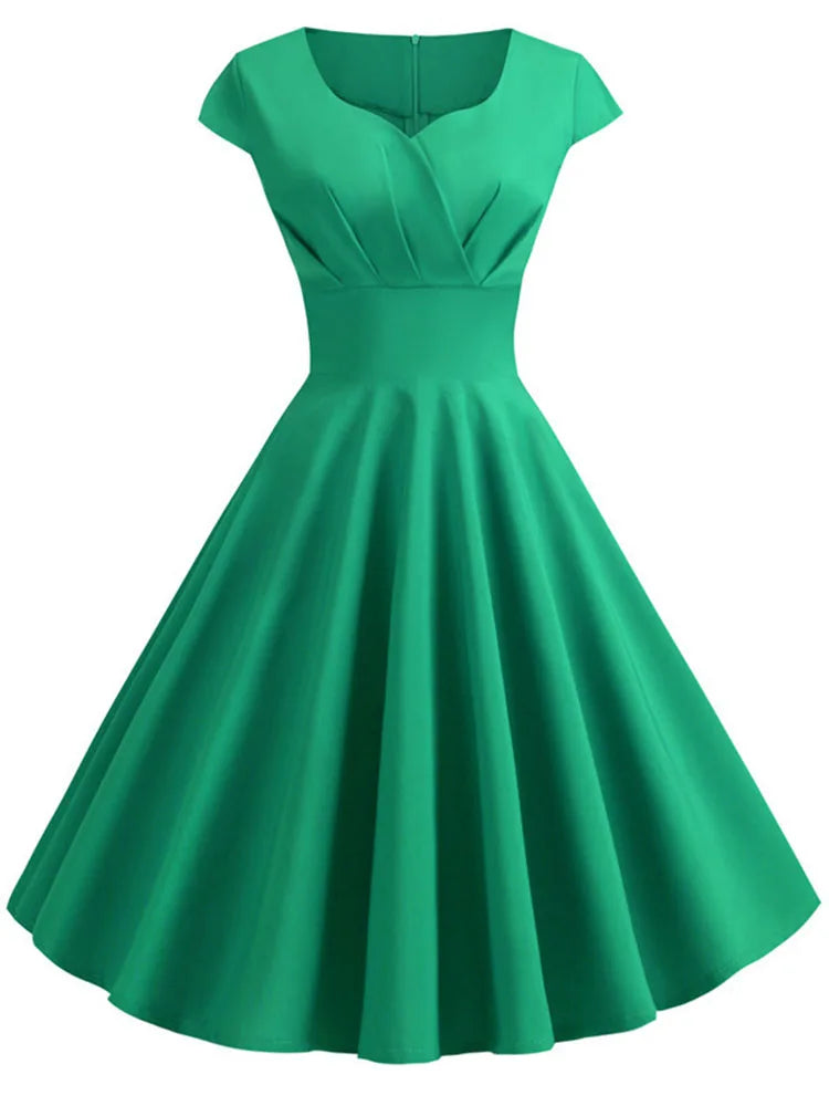 Summer Dress Women Short Sleeve Hepburn 50s 60s Vintage Pin Up Rockabilly Dress Robe Elegant Evening Party Dress