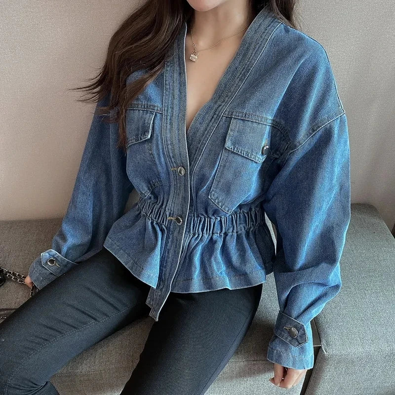 Jean Jacket V-neck Pleated Waist Slim Coat Women's Autumn Korean Fashion Personalized Irregular Shirt Loose Casual Denim Tops