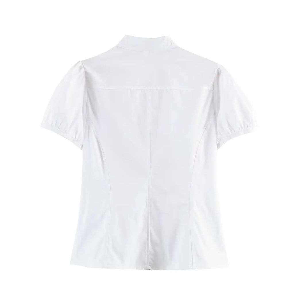 Women Sexy V-Neck Single Breasted Crop Shirts 2026 Summer Female Chic Bow Lace-Up Puff Sleeve Slim Shirts Y2K Girl Cute Shirt