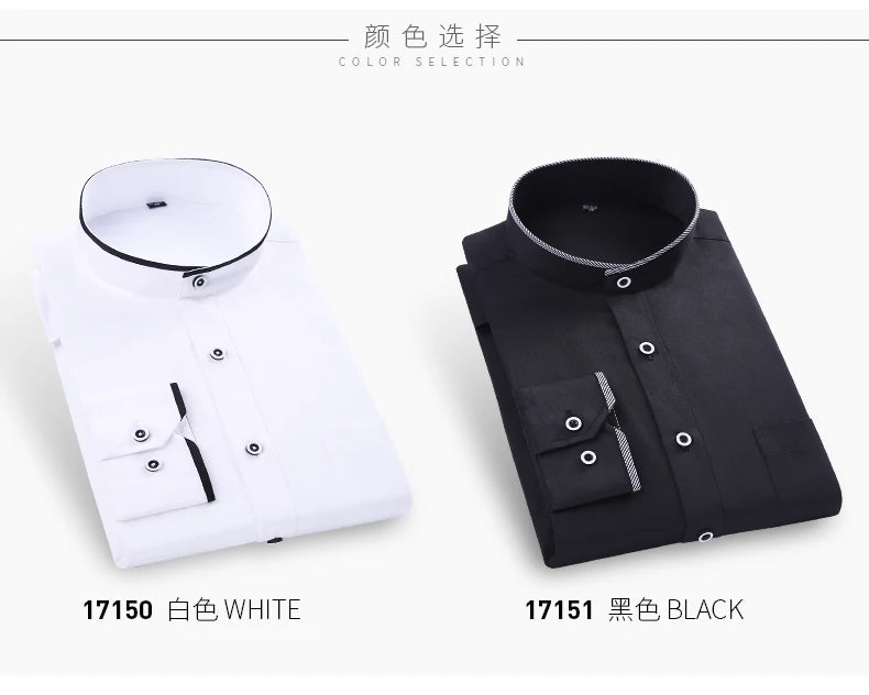 Men's stand up collar shirt classic round neck slim fit vertical collar long sleeved white shirt