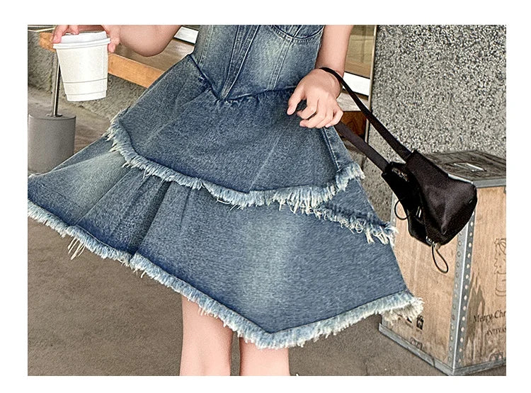 Teen Girls Denim Dresses Summer Sleeveless One-Piece Clothes Kids Jumpsuit Overalls Solid Color Dress Fashion Children's Costume
