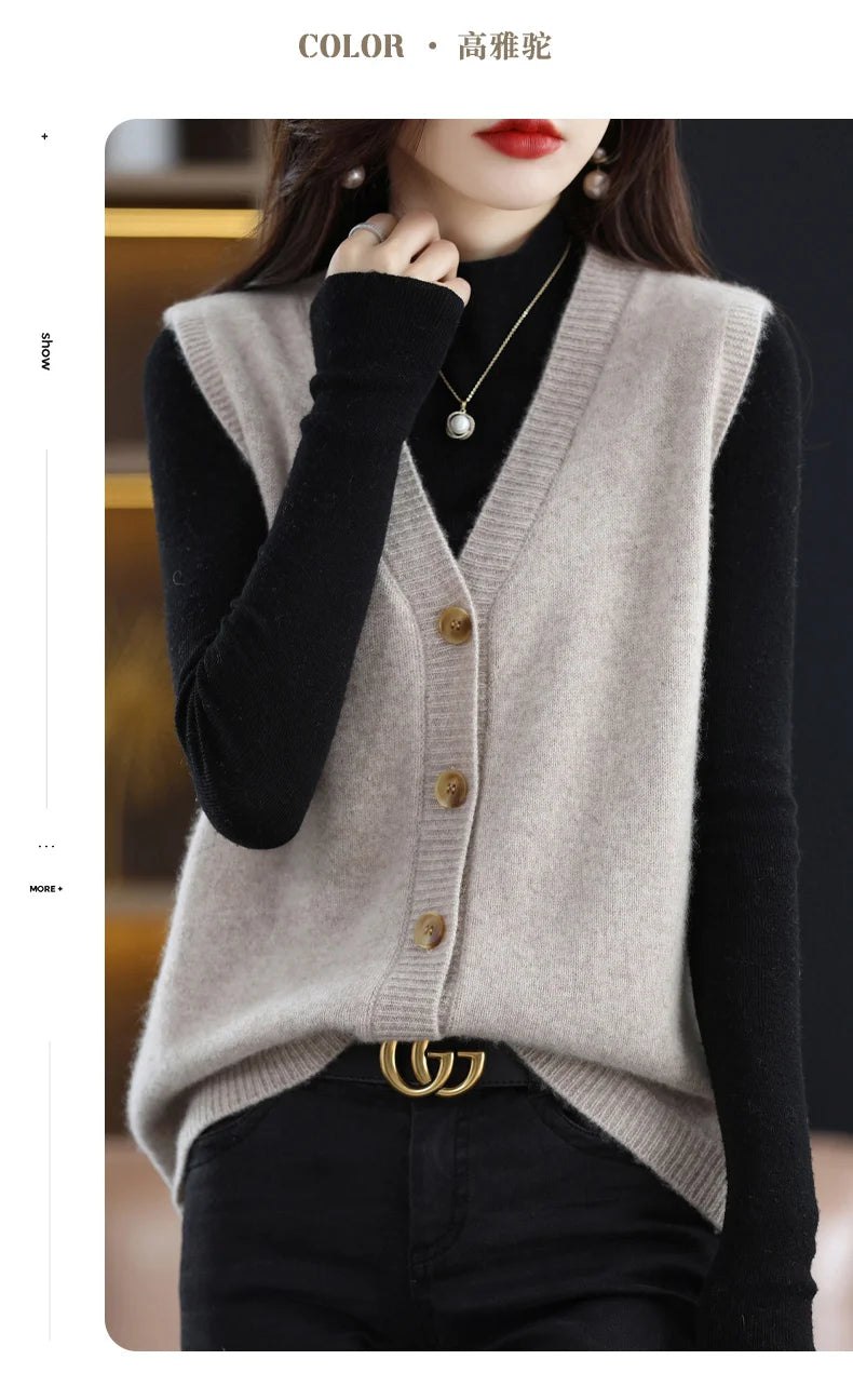 Girls Wear New Women's Loose High-End Waistcoat Knit Vest Wool V-Neck Solid Color Button Sleeveless Fashion Coat Cardigan Trend