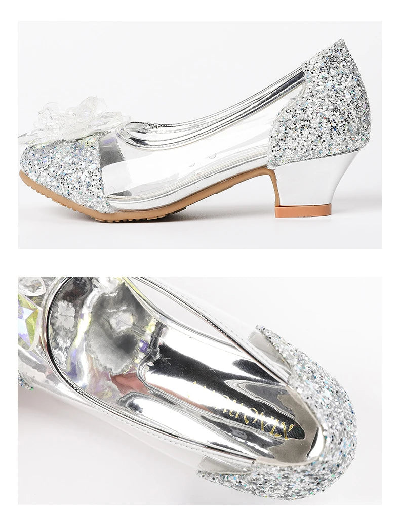 Pink Blue Princess Dance Shoes for Girls Low Heels for Kids Birthday Party Glitter Crystal Diamond Shoe Child Gown Leather Shoes