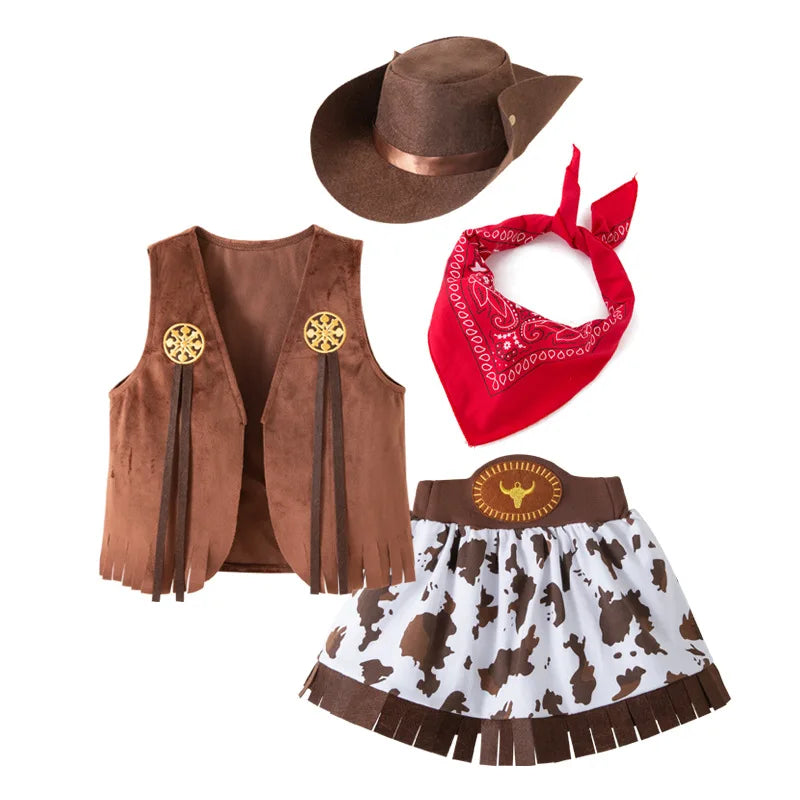 2025 Kids Toddlers costume cowgirls Cosplay 3pc suit purim event Holiday BIRTHDAY outfits Hat Scarf Shirt waist coat Skirt