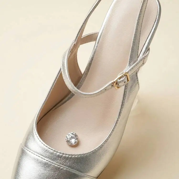 Mary Jane Colorful Leather Single Shoes Female Round Toe Back Empty Buckle Strap Women’s Sandals 7cm Chunky High Heels Office DE