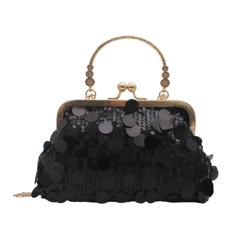 Elegant Sequined Evening Shoulder Bags for Women Solid Color Ladies Clip Chain Crossbody Bag Casual Female Shell Handbags Purse