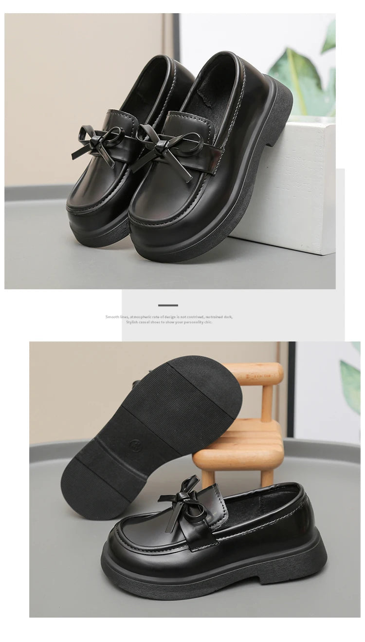 Girls Leather Shoes for Students School Uniform Shoes Black Matte 2025 New Fashion Children Flat Shoes Simple Bows Soft Sole
